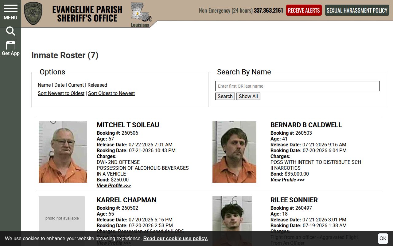 Evangeline Parish recent release records screen