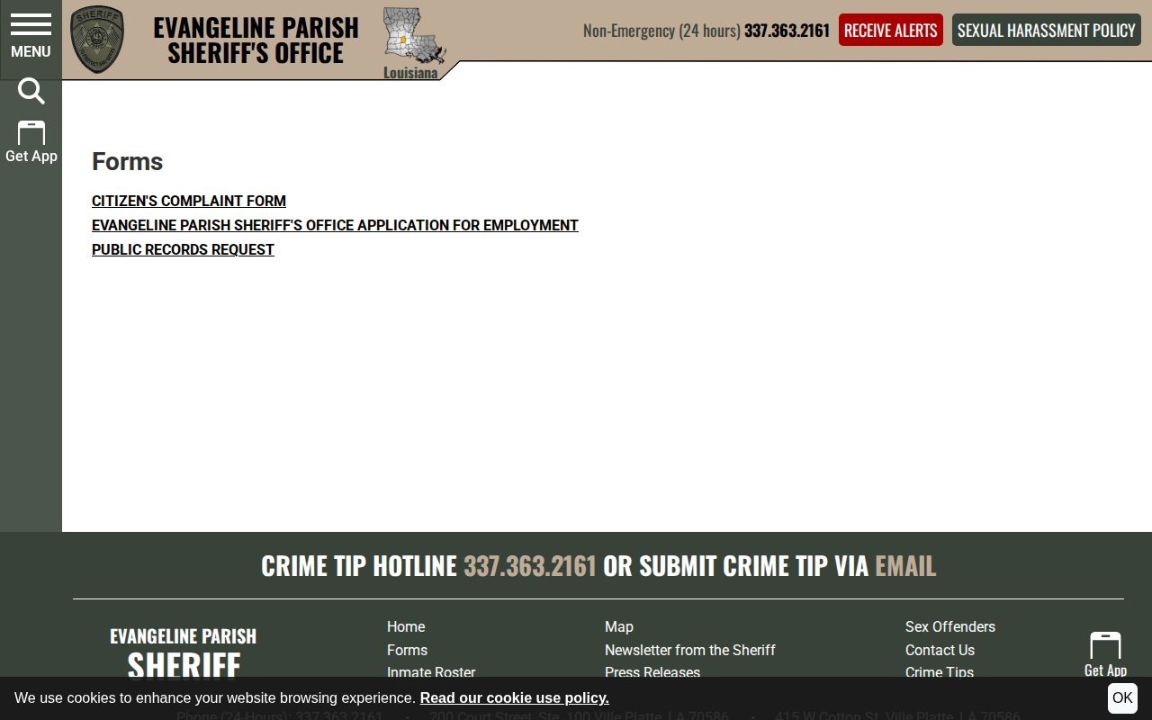 Evangeline Parish EPSO forms access for a released-inmate booking photo request