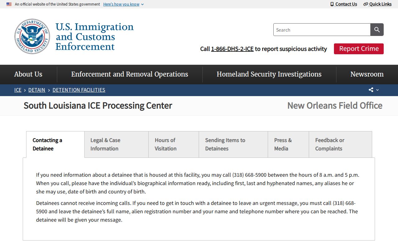 Official South Louisiana ICE Processing Center custody and release contact page