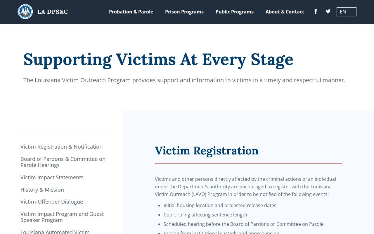 Louisiana Victim Services registration for Evangeline Parish release notices